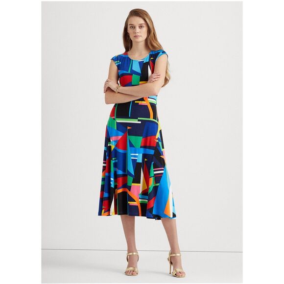 Ralph Lauren black label geometric color block print stretch jersey dress XL - Picture 1 of 8